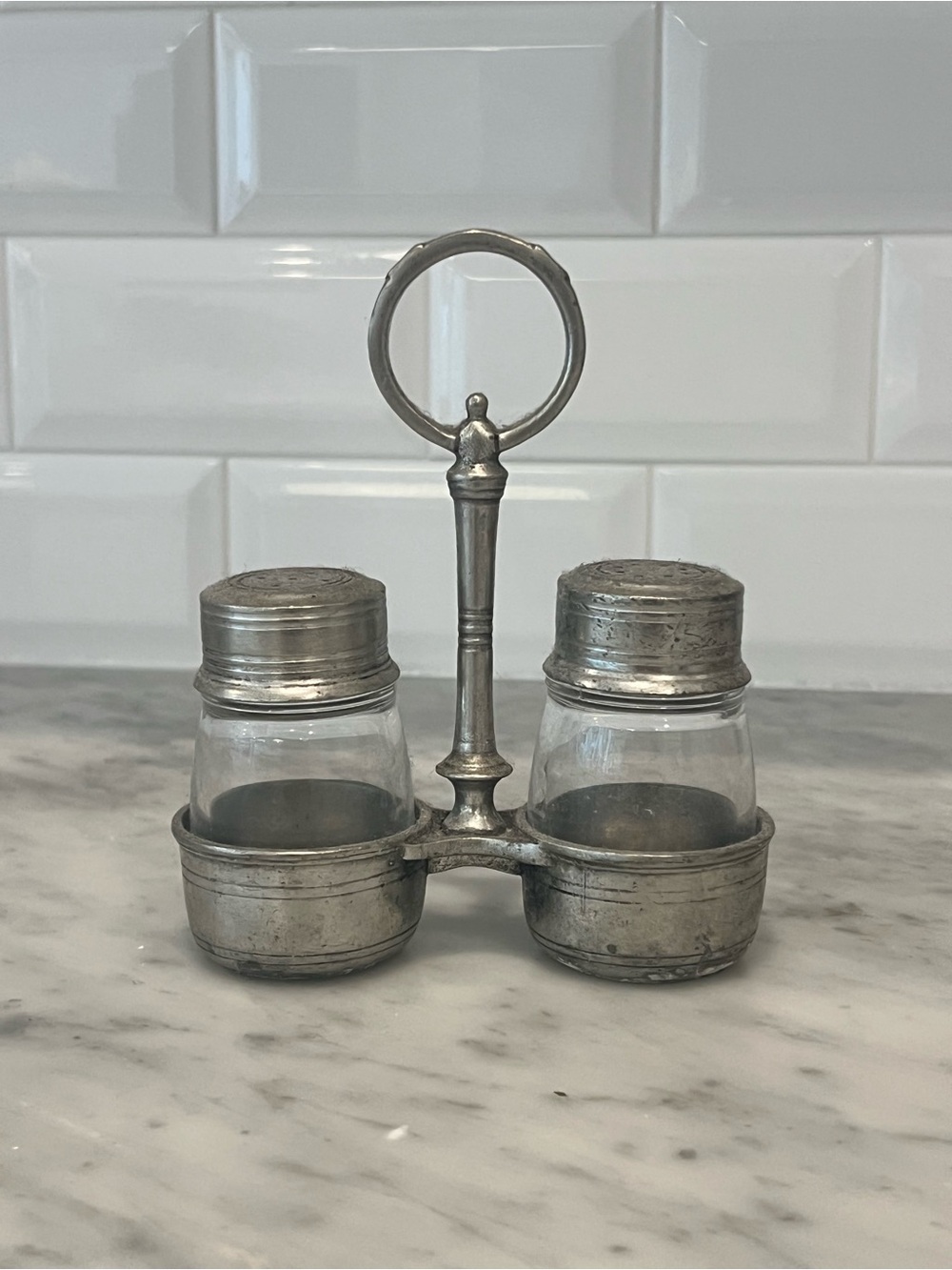 Arte Italica Vintage Pewter Salt & Pepper Shaker with Caddy